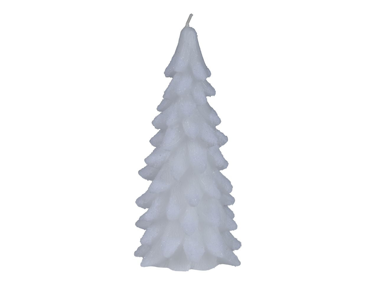 Candela di cera d.8x16,5cm a forma di albero glitterata bianca