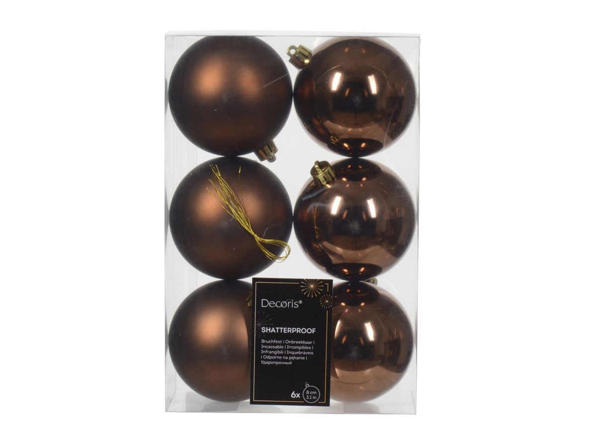 Palla di Natale 8cm in confezione da 6 pezzi marrone lucido e opaco