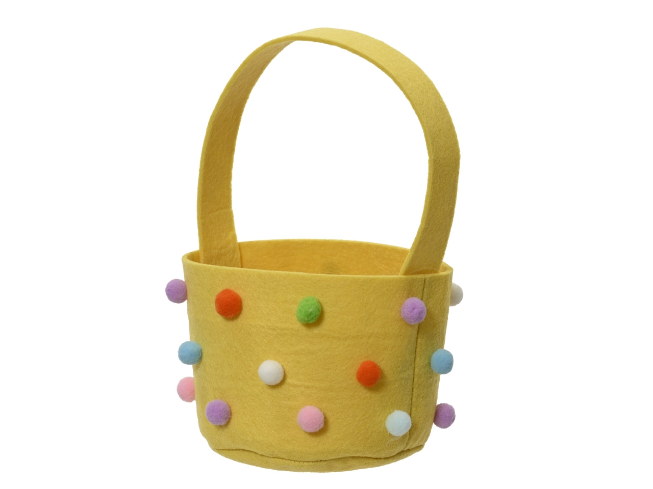 Cestino colore giallo con pompom multicolor h.12xd.14cm