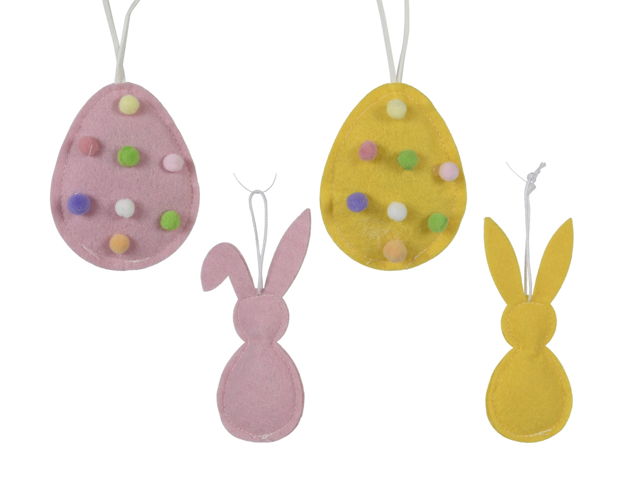 Appendino pasquale in feltro a forma di coniglio o uovo con pompon colorati misura 1x4,xh.10,5cm nei colori giallo o rosa