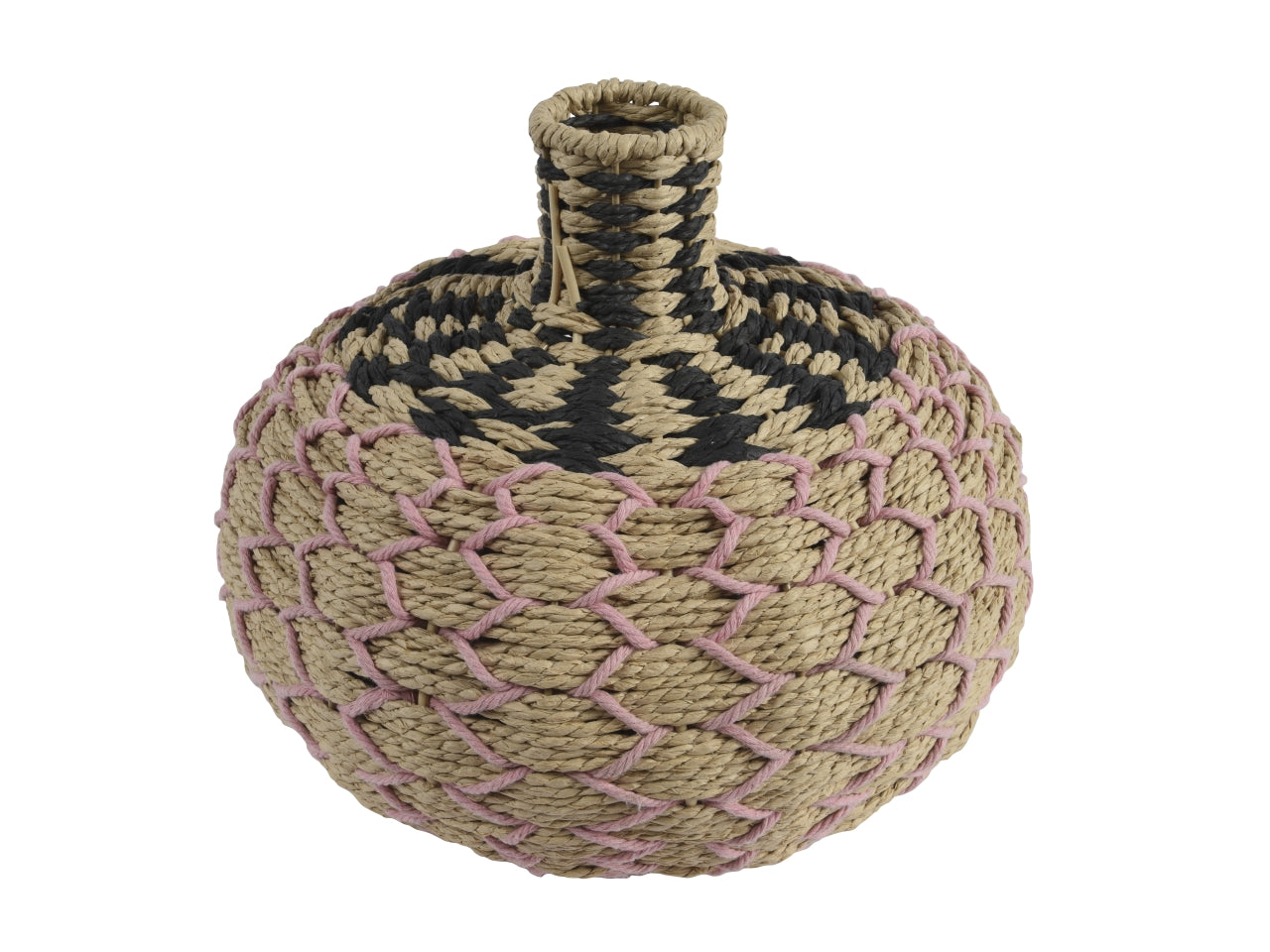 Vaso decorativo etnico in vimini e cotone multicolor forma ampolla - altezza 27 cm, diametro 32 cm - Kaemingk