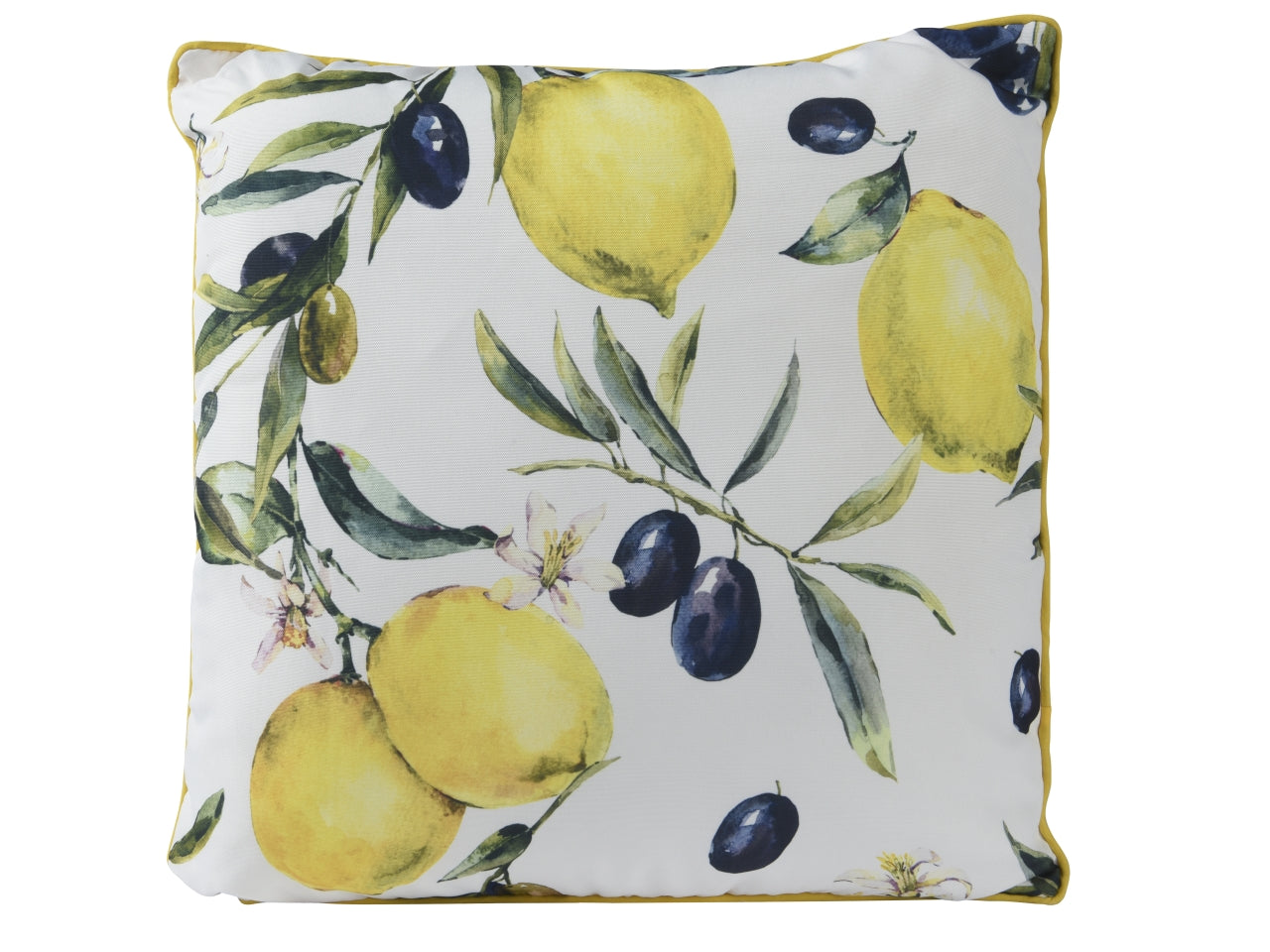 Cuscino da esterno in poliestere riciclato con stampa limone con bordino misura 45x45xh.3cm