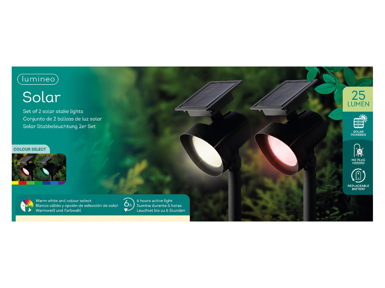 Set da 2 faretti solari da giardino neri in plastica con luce bianco caldo e cambio colore RGB, autonomia 6 ore - 11x31,5cm -  Kaemingk $