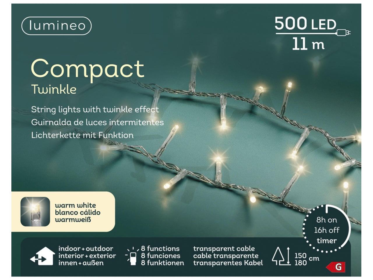 Catena luci 500led bianco caldo 8 funzioni 11mt filo trasparente per uso interno/esterno