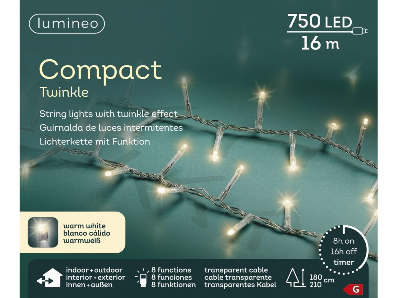 Catena luci 750led bianco caldo 8 funzioni 16mt filo trasparente per uso interno/esterno