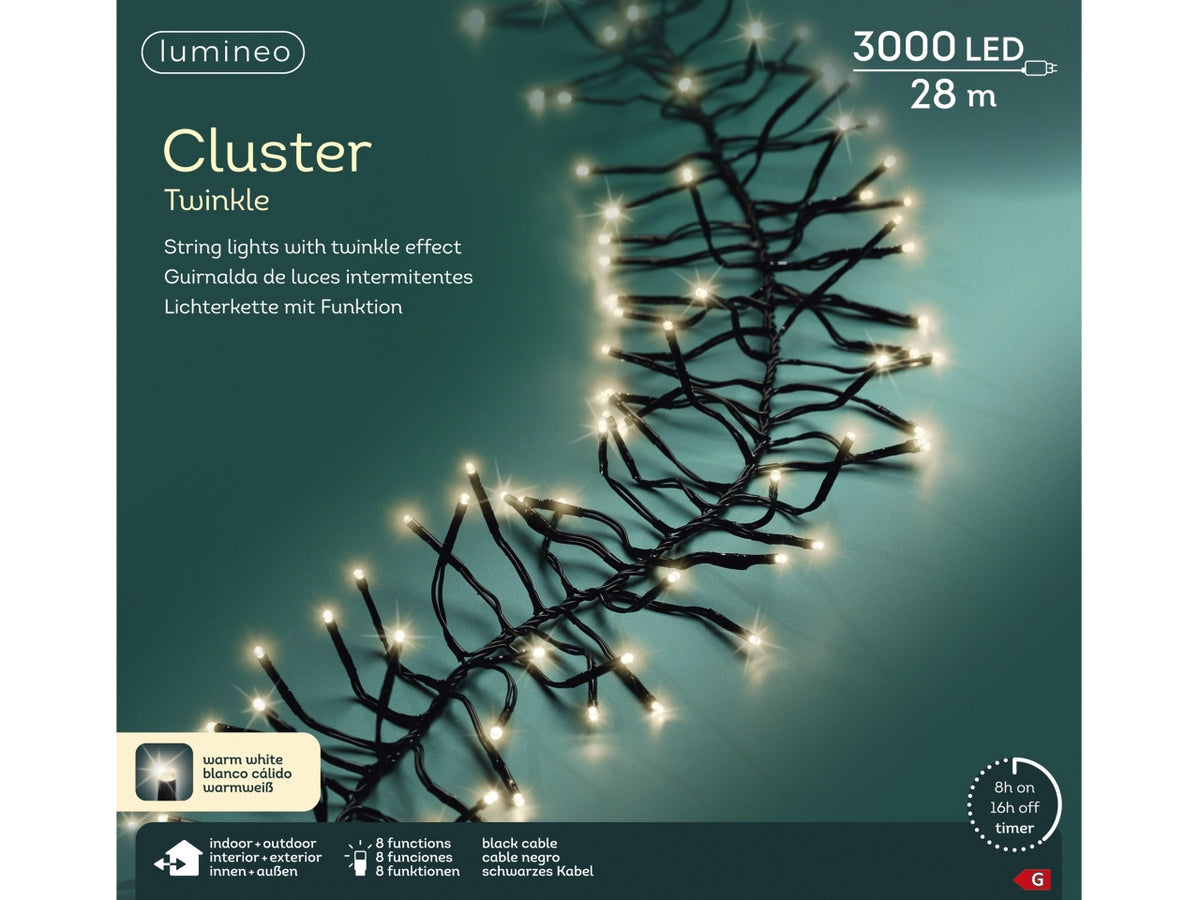 Catena 3000 cluster a grappolo bianco caldo 8 funzioni 28mt con filo nero per uso interno/esterno