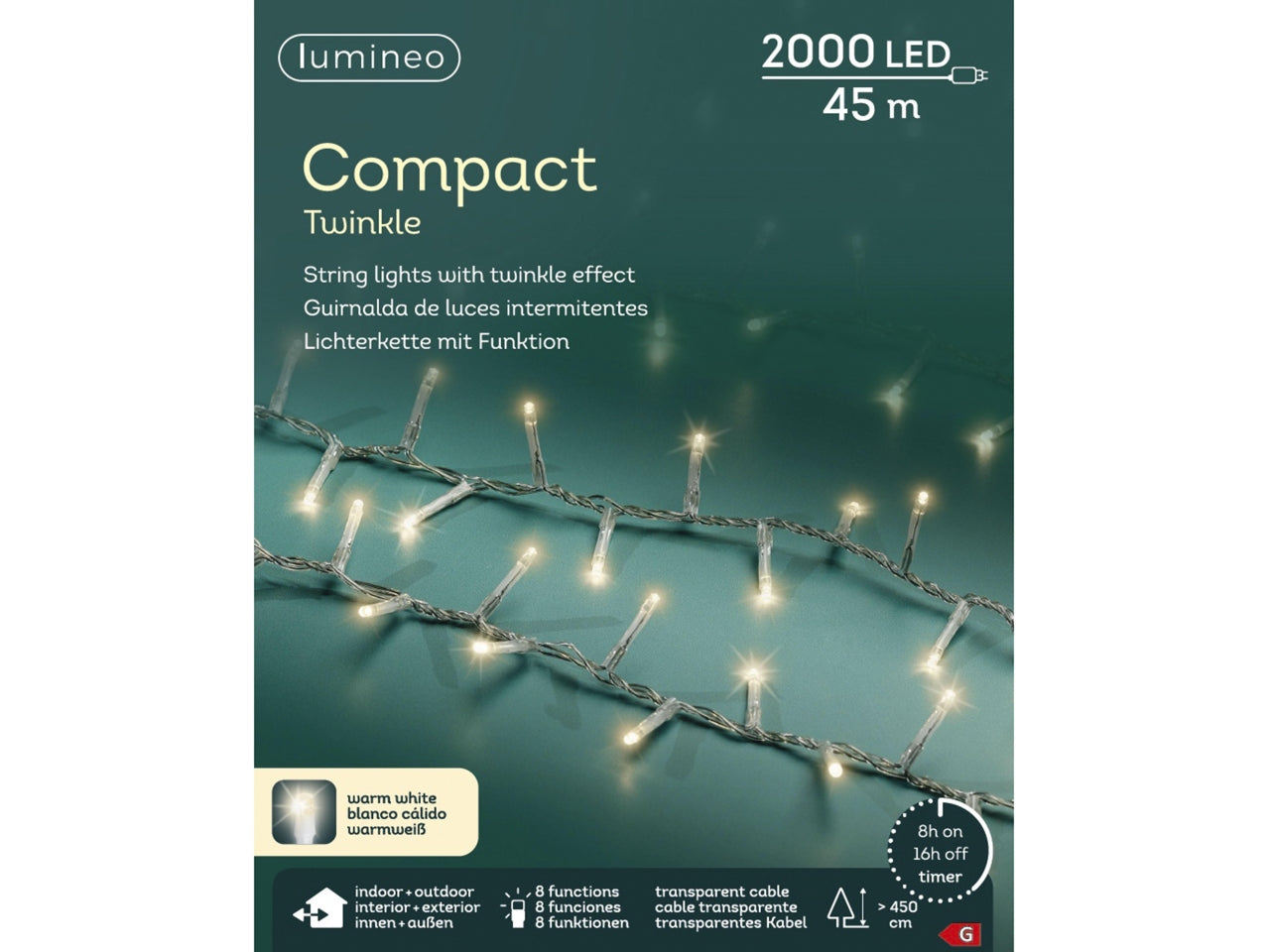 Catena luci 2000led bianco caldo 8 funzioni 45mt filo trasparente per uso interno/esterno