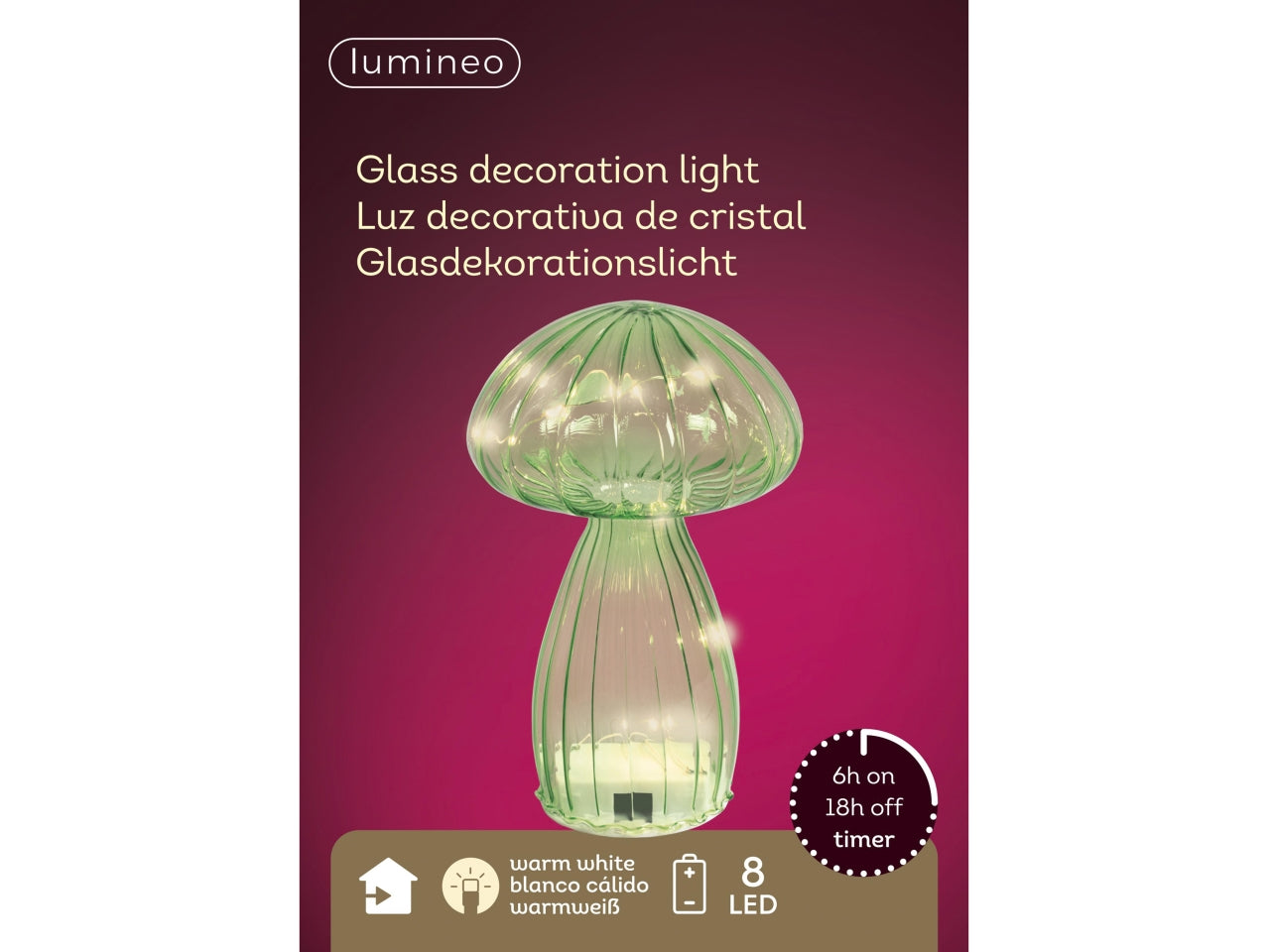 Fungo di vetro decorativo d.11x16,5cm con microled a batteria verde