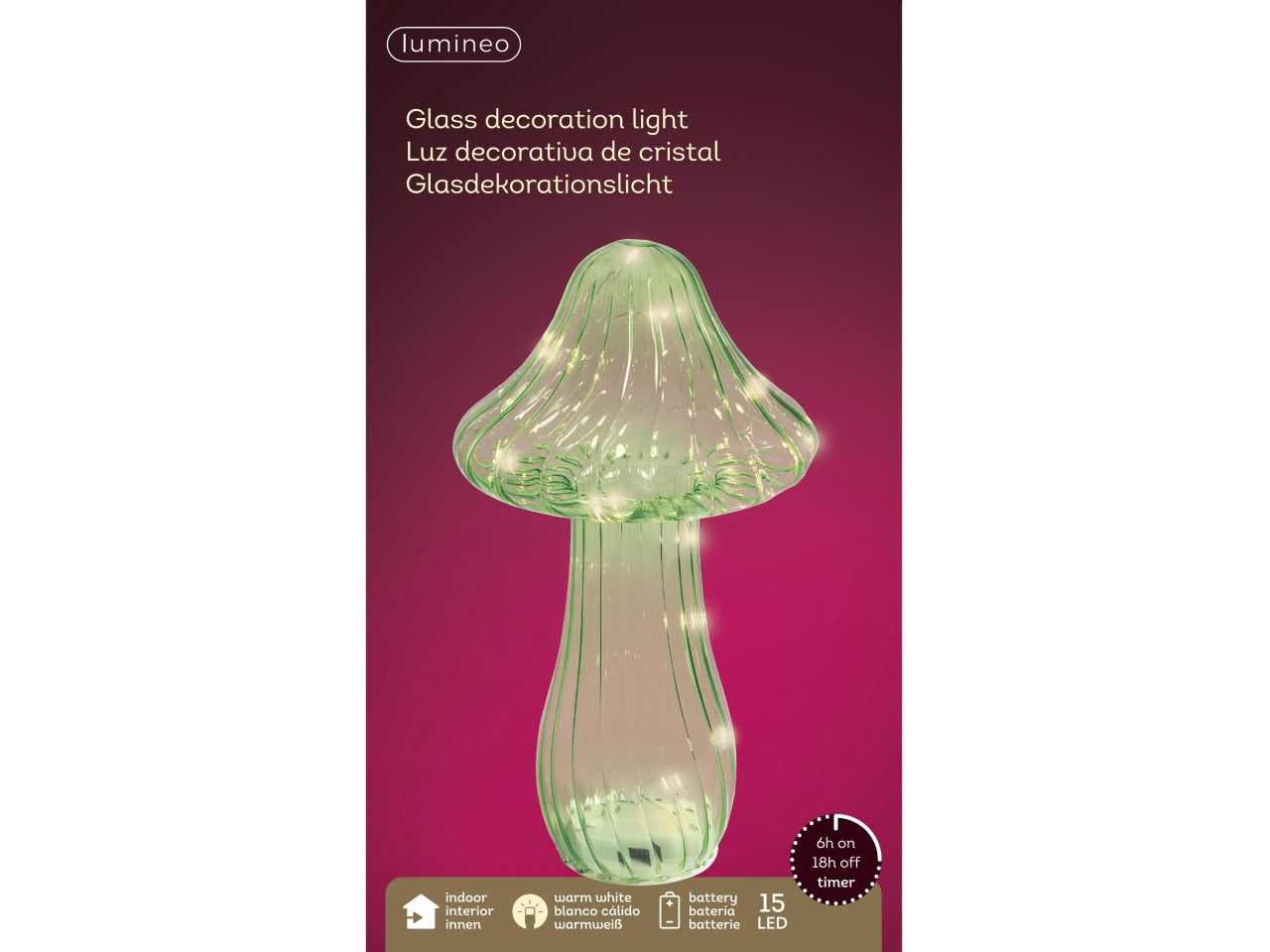 Fungo di vetro decorativo d.14,5x25cm con microled a batteria verde