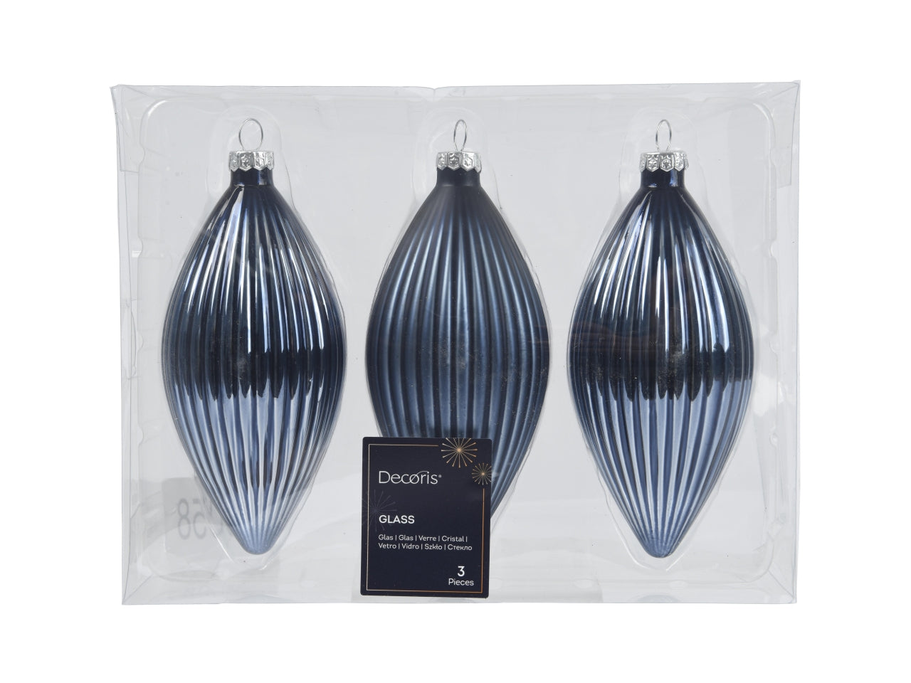 Pendente di vetro natalizio blu opaco e lucido a forma di oliva d.6xh.13 cm, set da 3 pezzi - Decoris