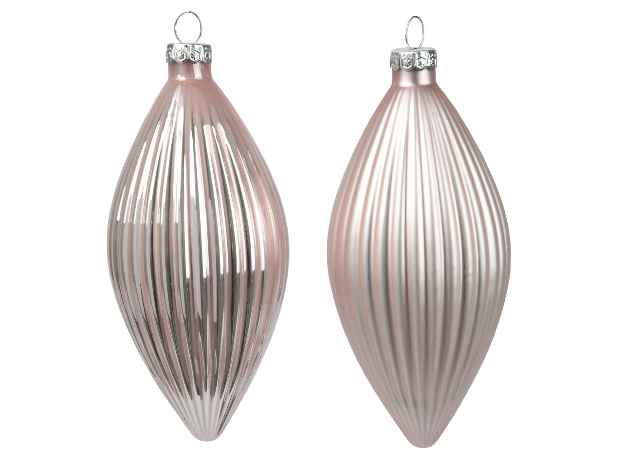 Pendente di vetro rosa opaco e lucido a forma di oliva d.6xh.13 cm, set da 3 pezzi - Decoris