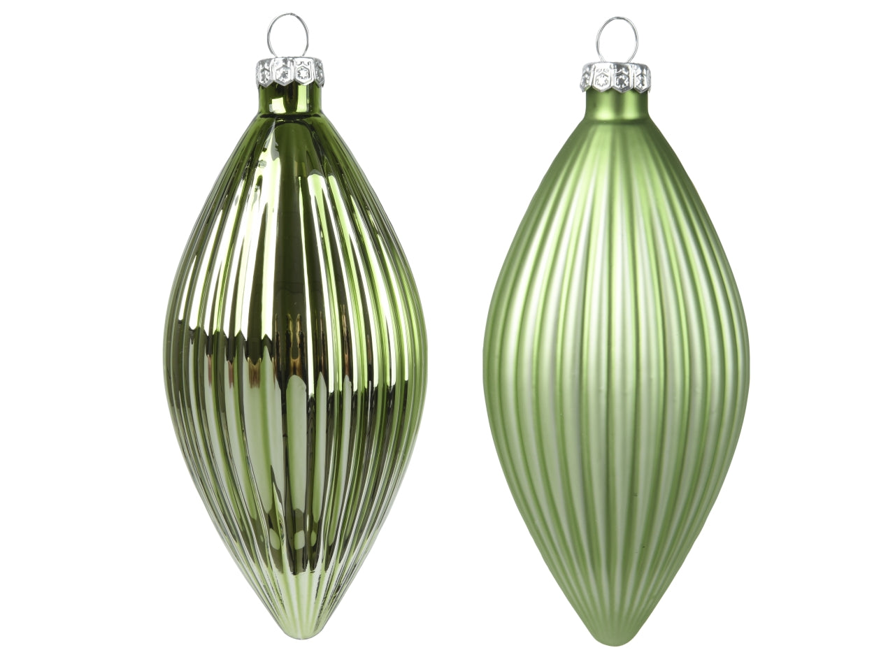 Pendente di vetro verde tÃ¨ natalizio opaco e lucido a forma di oliva d.6xh.13 cm, set da 3 pezzi - Decoris