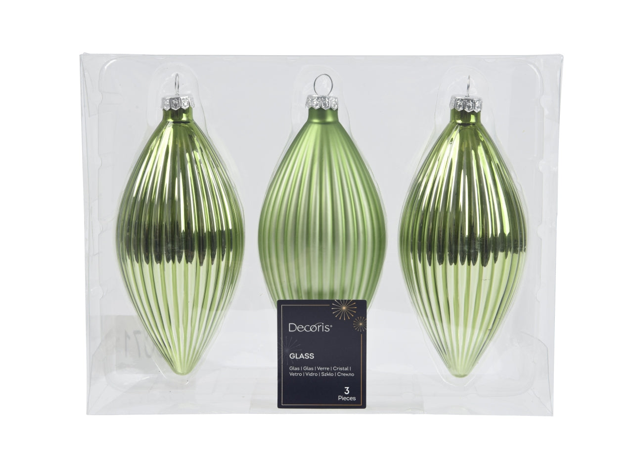 Pendente di vetro verde tÃ¨ natalizio opaco e lucido a forma di oliva d.6xh.13 cm, set da 3 pezzi - Decoris