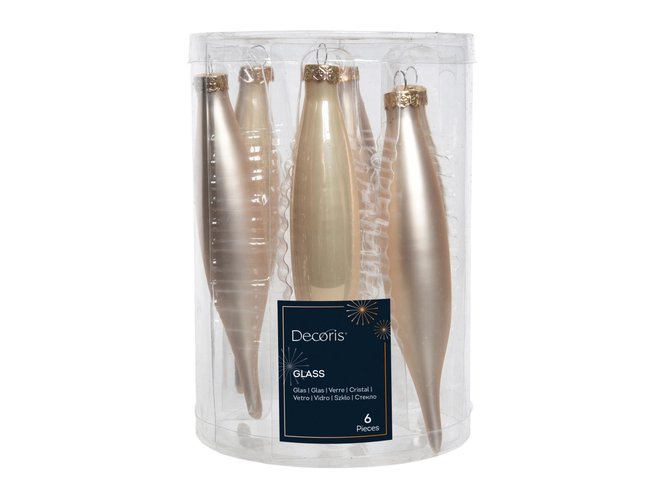 Pendente di vetro beige opaco e lucido a forma di ghiacciolo d.3xh.15 cm, set da 6 pezzi - Decoris