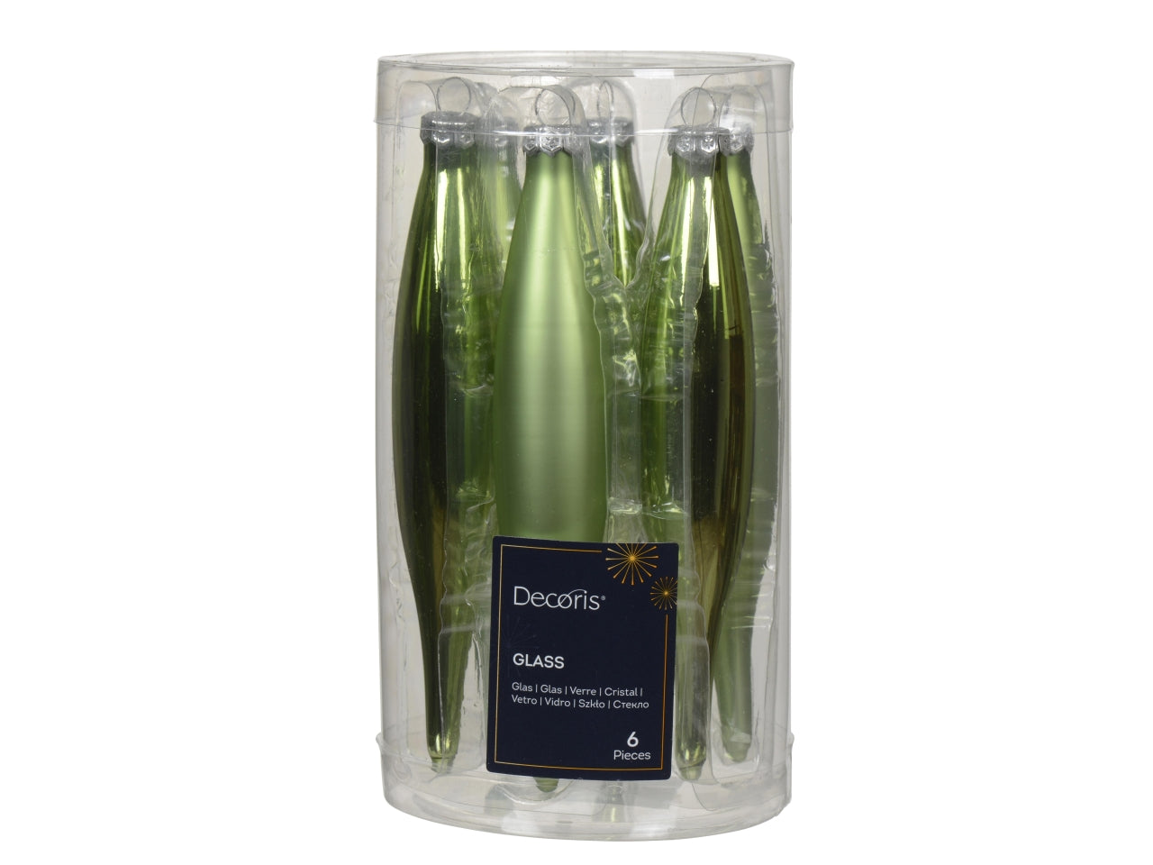 Pendente di vetro tÃ¨ verde opaco e lucido a forma di ghiacciolo d.3xh.15 cm, set da 6 pezzi - Decoris
