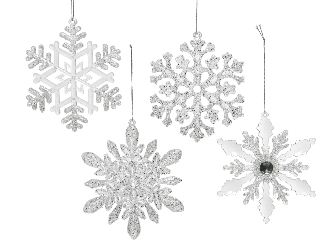 Pendente fiocco di neve 0,3x13,5x13,5cm glitterato argento in 4 assortimenti