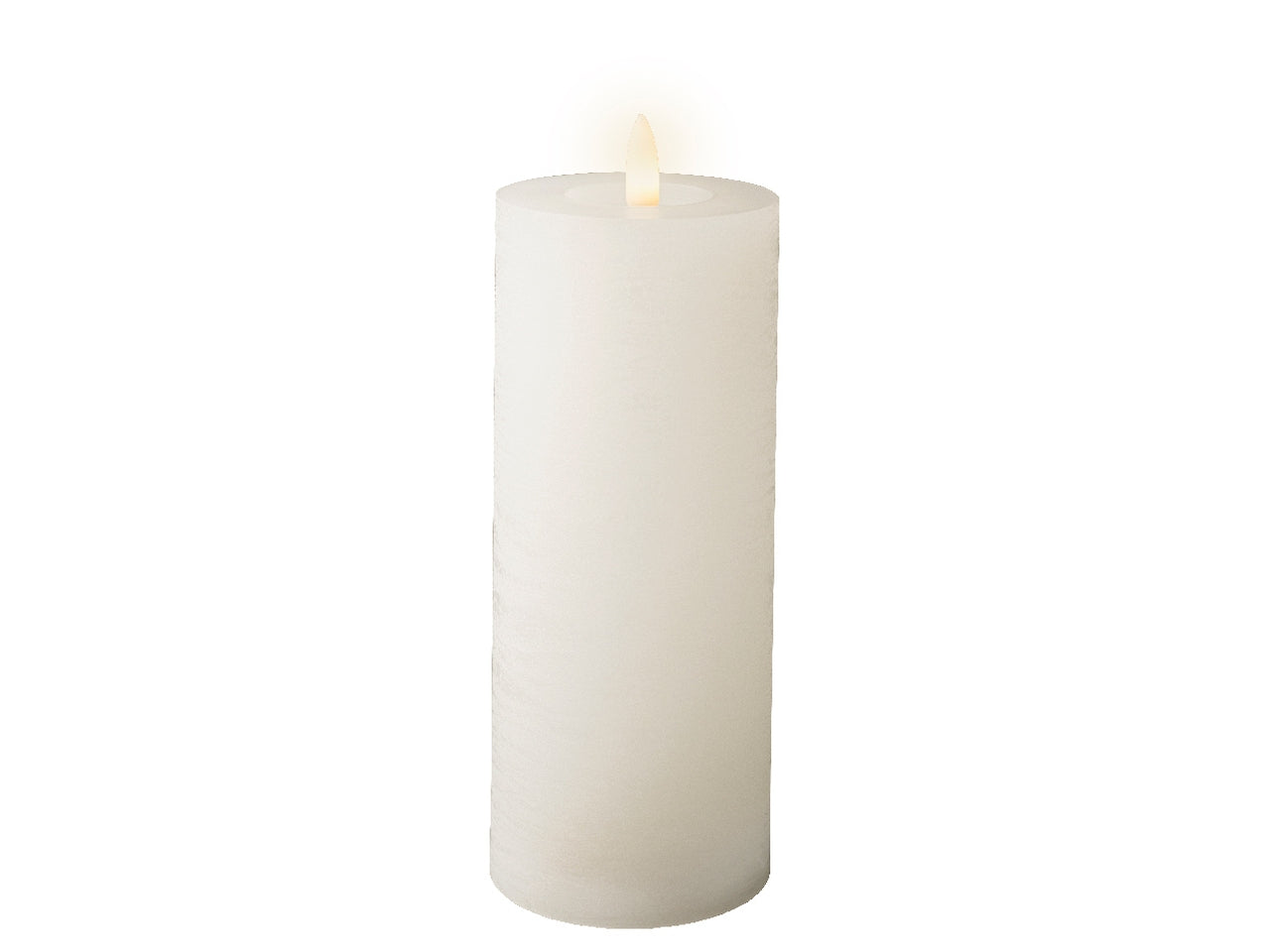 Candela bianca in cera con luce led bianco caldo diametro 7cm x altezza 19cm da interno con funzionamento a batteria 2xaaa stilo