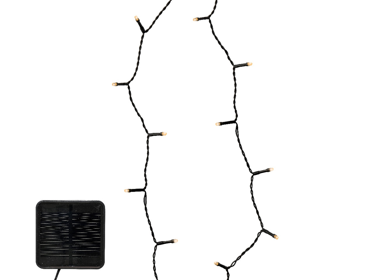 Catena luminosa solare da 120 led in pvc con 8 funzioni di effetto scintillio con cavo nero e led da 3mm colore bianco caldo