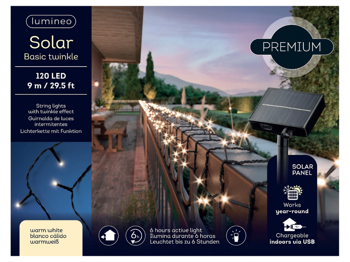 Catena luminosa solare da 120 led in pvc con 8 funzioni di effetto scintillio con cavo nero e led da 3mm colore bianco caldo