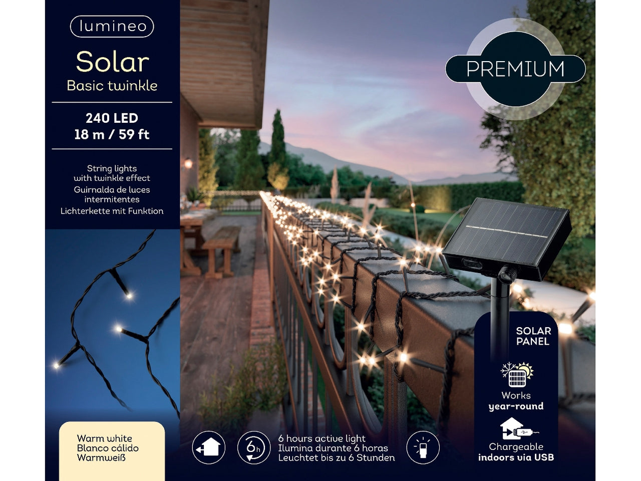 Catena luminosa solare da 240 led in pvc con 8 funzioni di effetto scintillio con cavo nero e led da 3mm colore bianco caldo