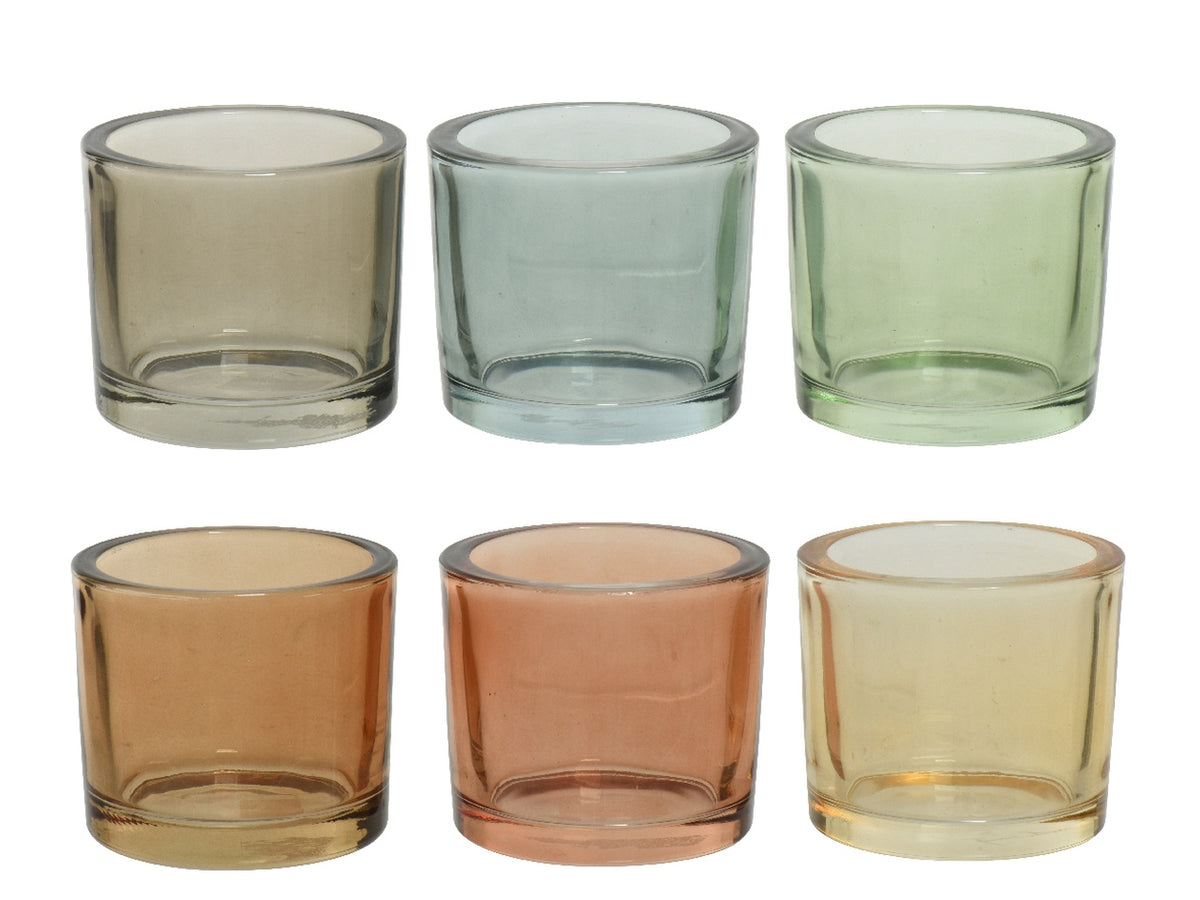 Portatealight in vetro trasparente in 6 colori assortiti diametro 9cm x altezza 8cm