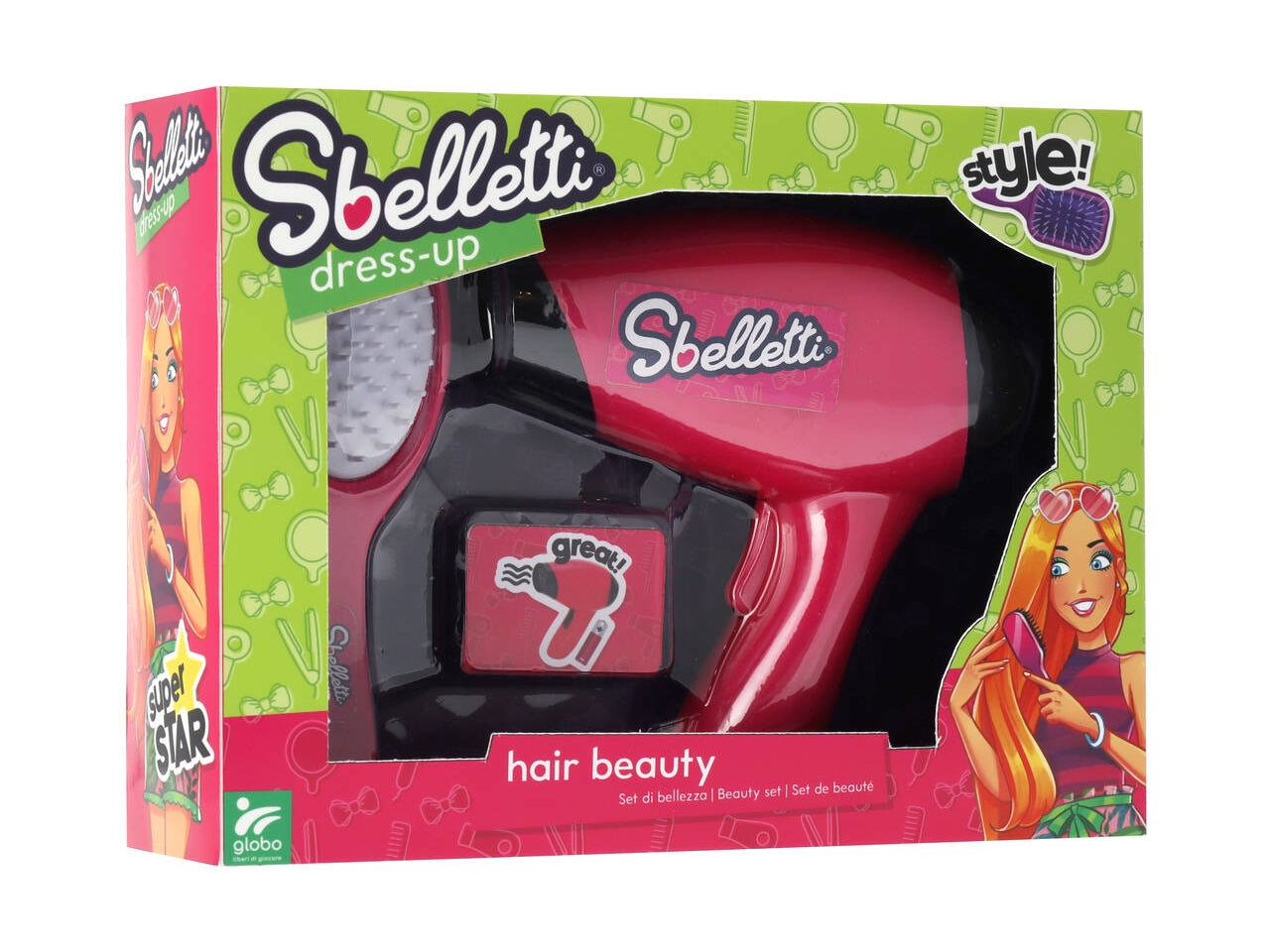 Sbelletti set gioco parrucchiera con phon batteria e spazzola