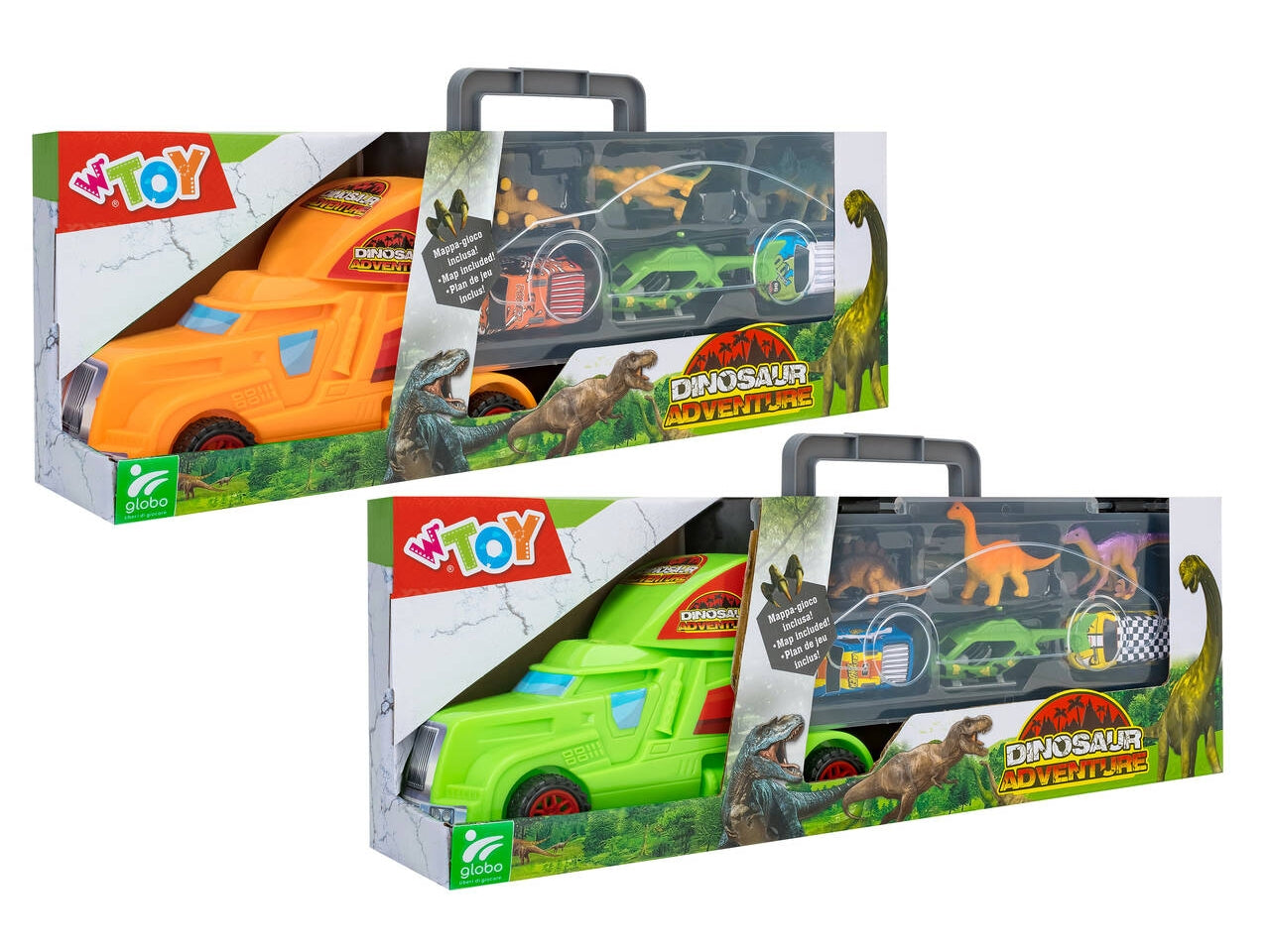 W toy camion conveicoli e dinosauri 6 pezzi  con mappa
