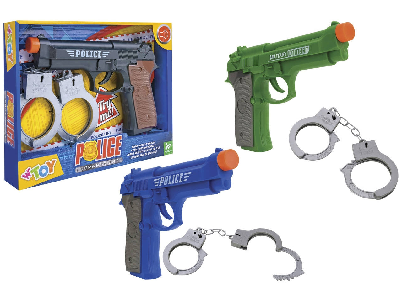 W toy pistola a batteria con suoni e  manette in 3 colorazioni