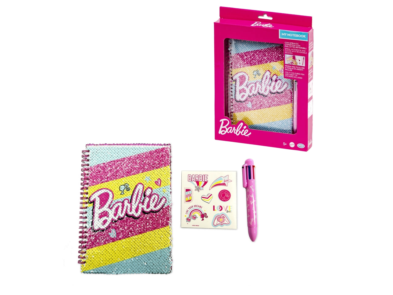 Barbie - my notebook, quaderno con paillettes reversibili sulla copertina e penna multicolor