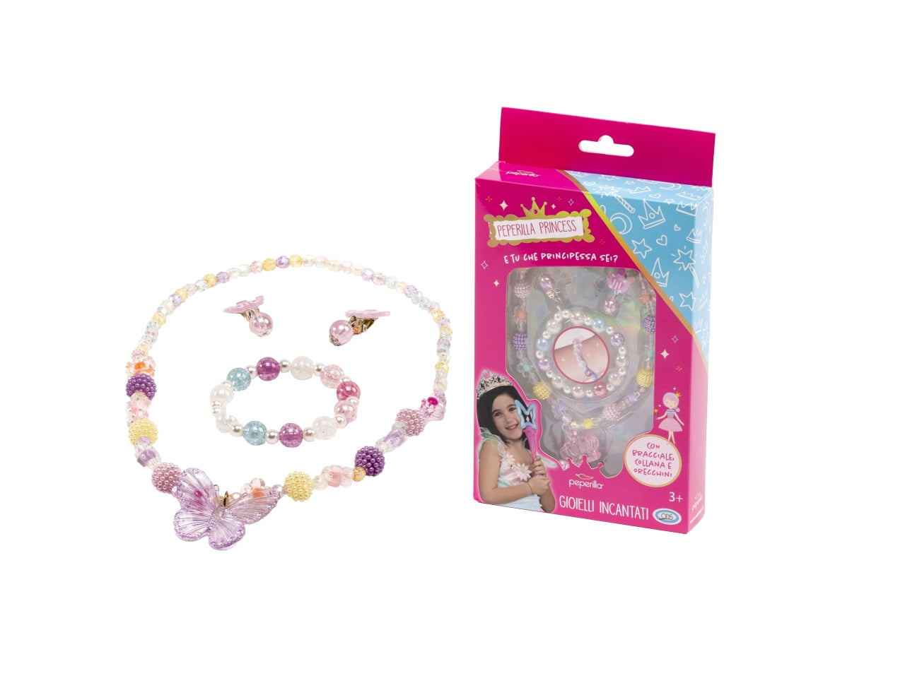 Peperilla princess - gioielli incantati, una collana con ciondolo farfalla, coroncina, braccialetto e un paio di orecchini