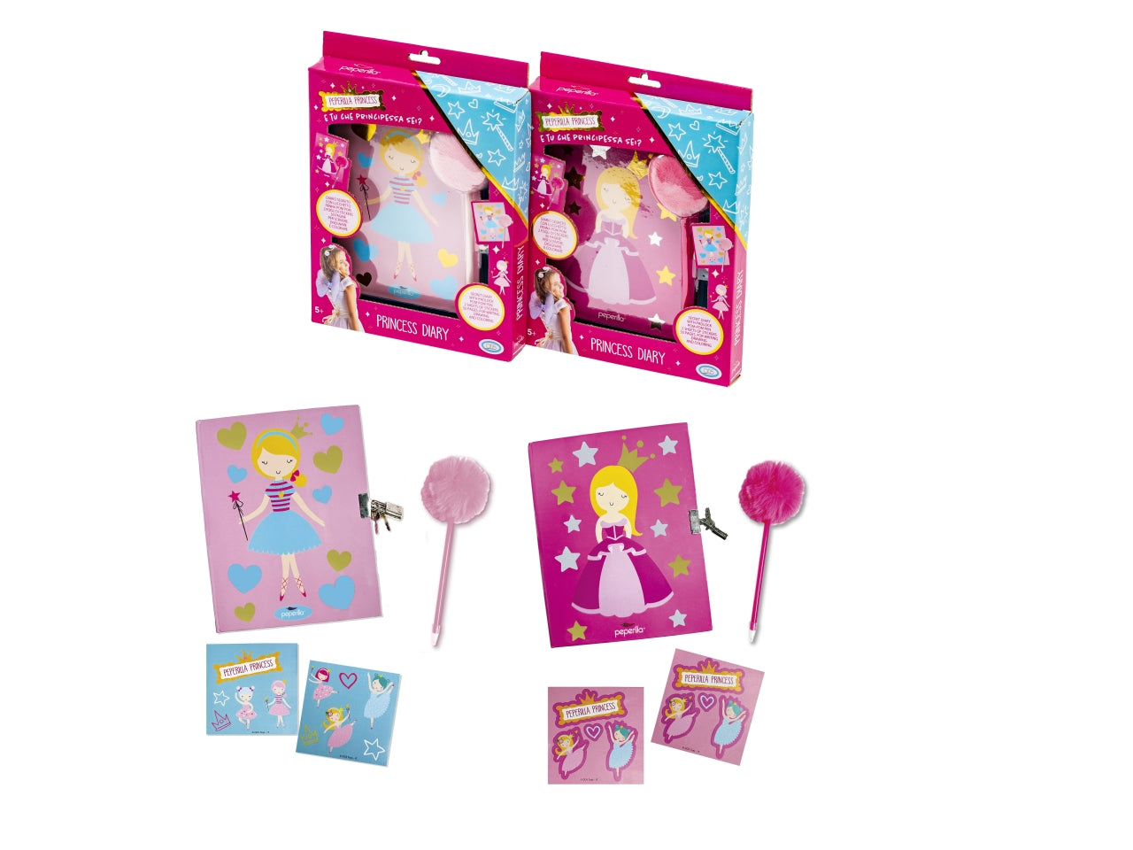 Peperilla - princess secret diary quaderno con 50 pagine e copertina rigida, lucchetto, penna pom pom e 2 fogli di adesivi