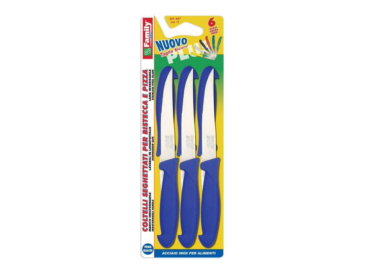 Set di 6 Coltelli seghettati, Coltellerie Paolucci Family Inox, linea Prima QualitÃ  per bistecche e pizza in Acciaio Inox con manico blu