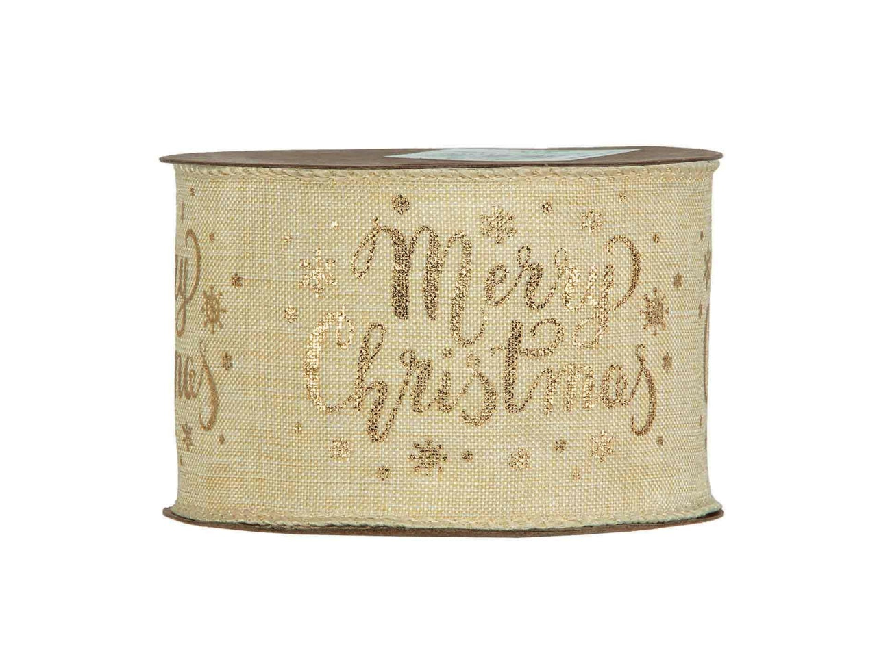 Nastro regalo natalizio beige con scritta dorata "Merry Christmas" in poliestere 6,3 cm x 10 m - Piovaccari