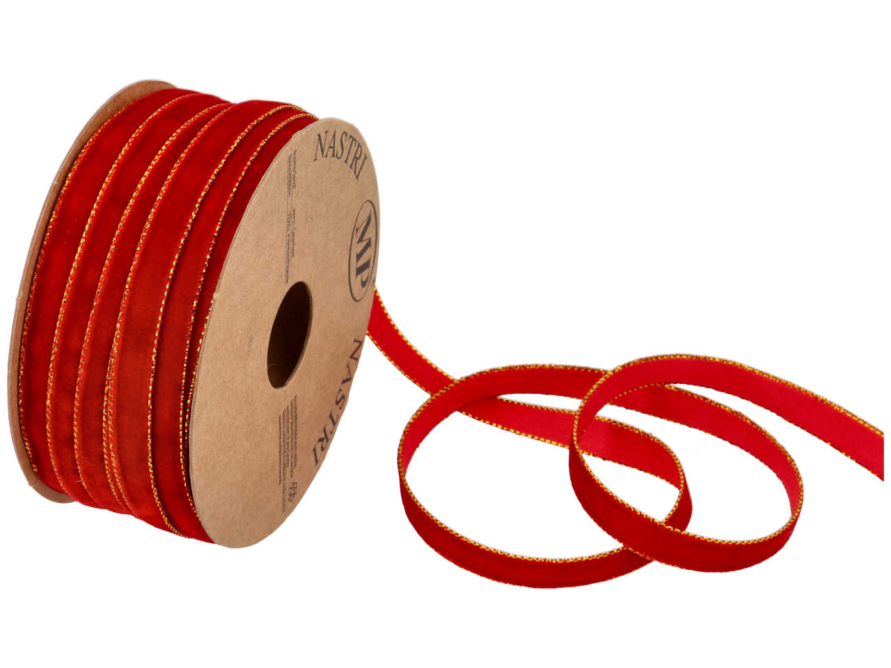 Nastro regalo in velluto rosso con bordatura dorata 0,9cm x 20m - Piovaccari