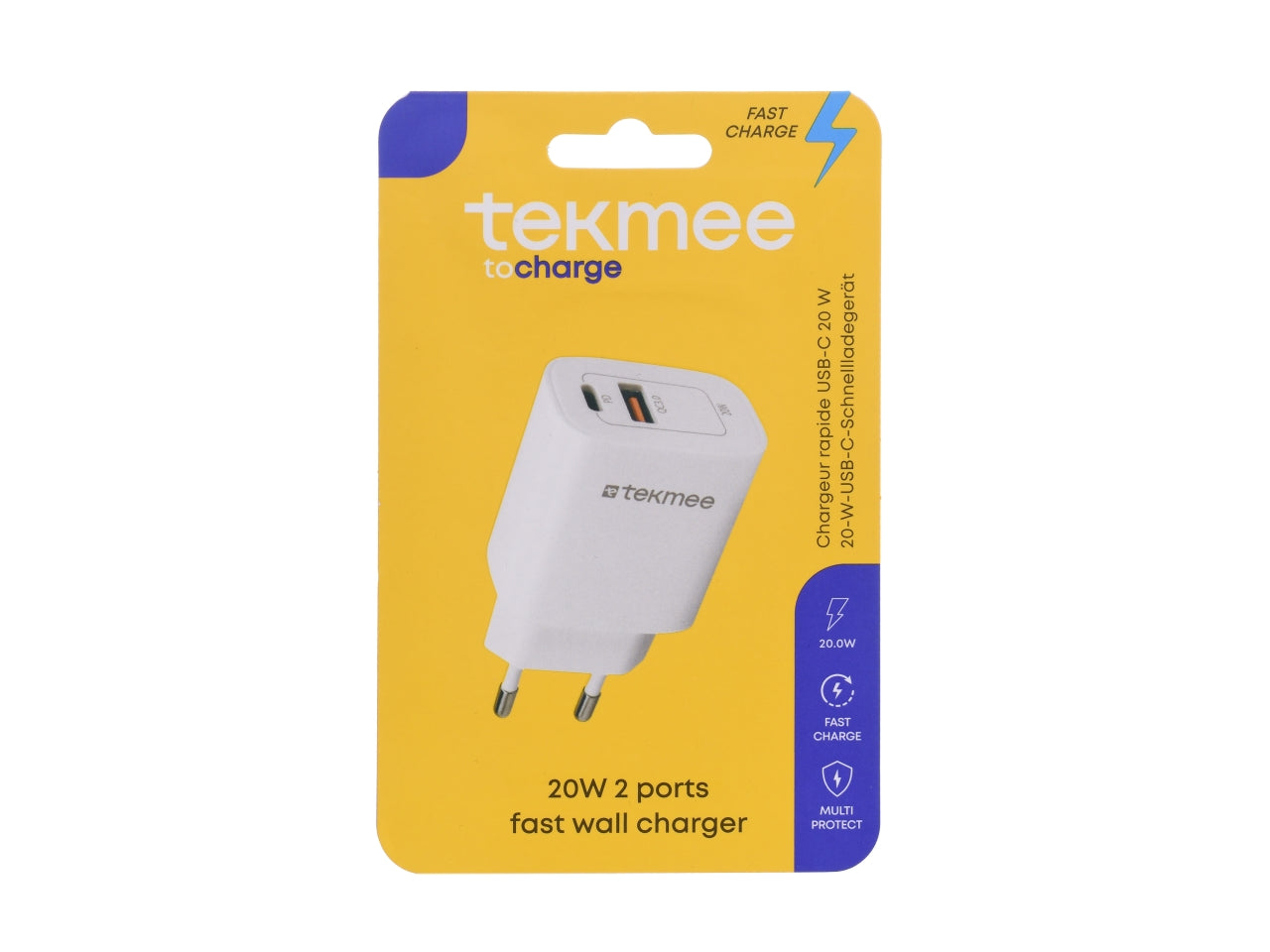 Tekmee caricatore rapido 20w con 2 porte type-c + usb