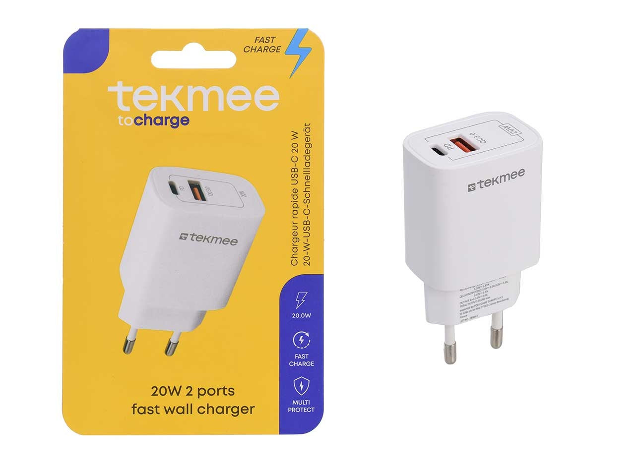 Tekmee caricatore rapido 20w con 2 porte type-c + usb