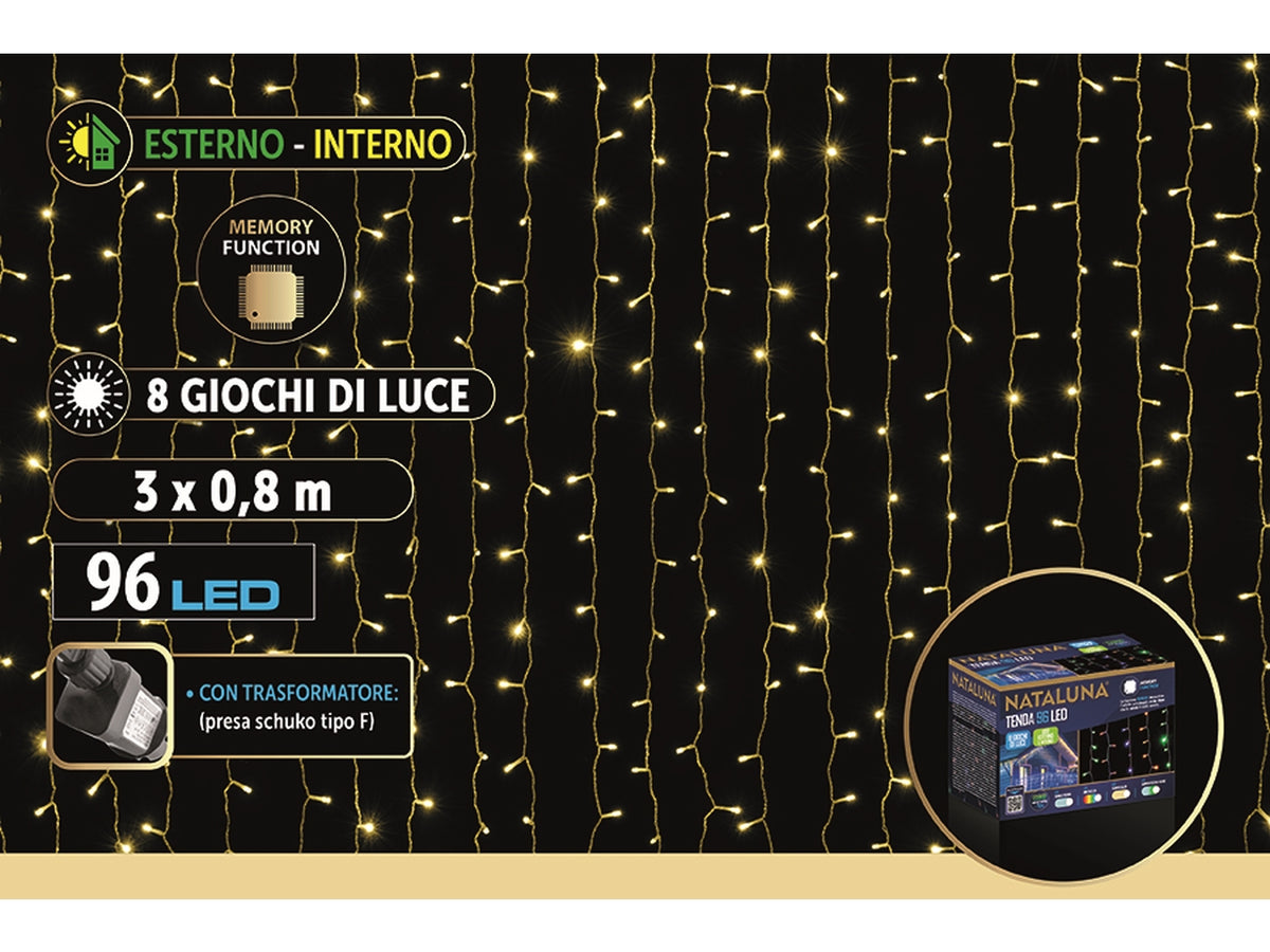 Tenda di luci a cascata con 96 led luce bianco caldo con 8 funzioni 24v misura 3mtx0,80cm