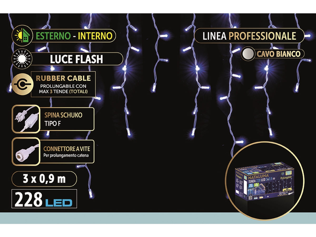 Tenda di luci a cascata con 228 led misura 3x0,9mt connect flash colore bianco per uso esterno