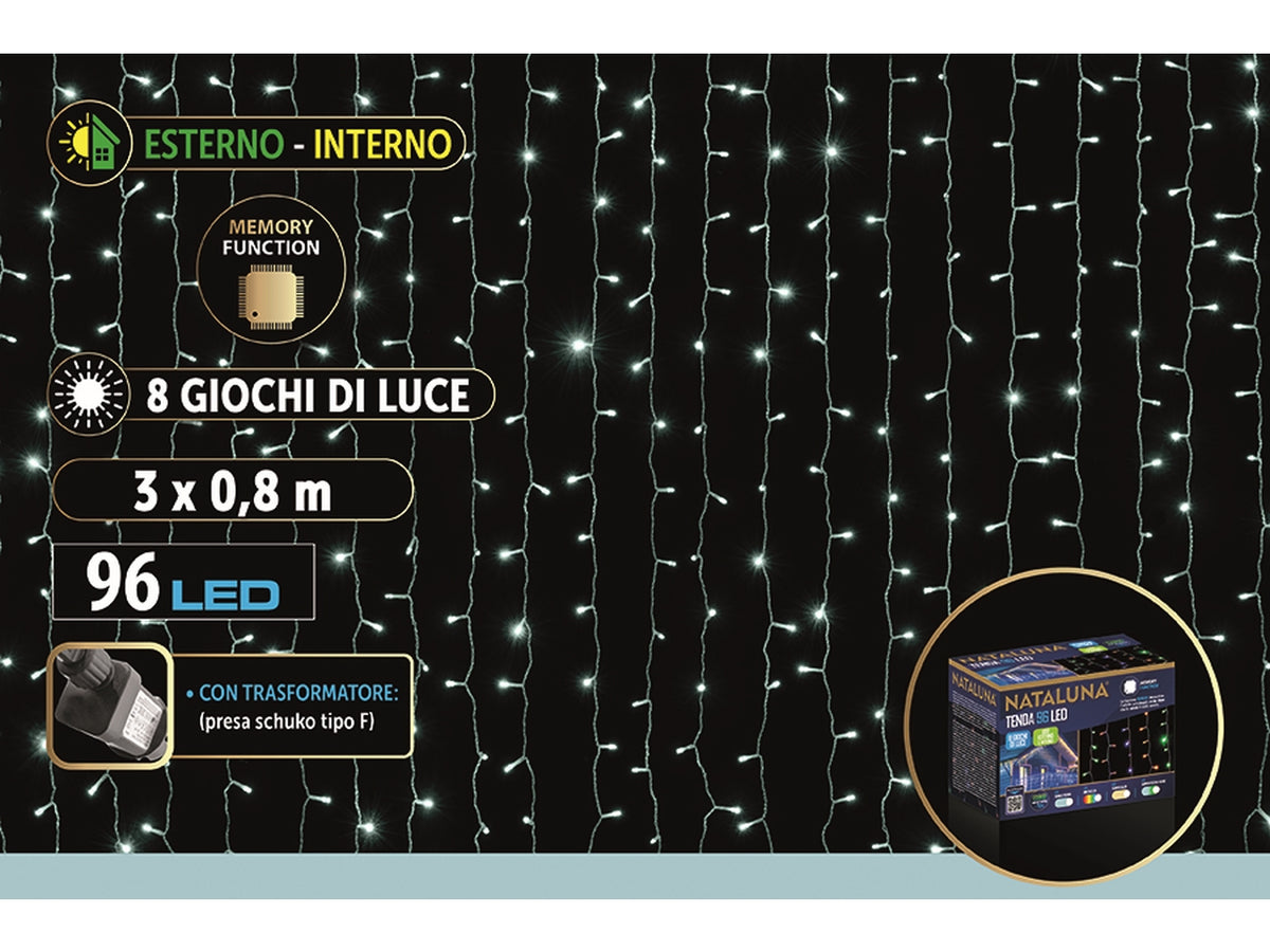 Tenda di luci a cascata con 96 led colore bianco e 8 funzioni 24v misura 3mtx0,80cm