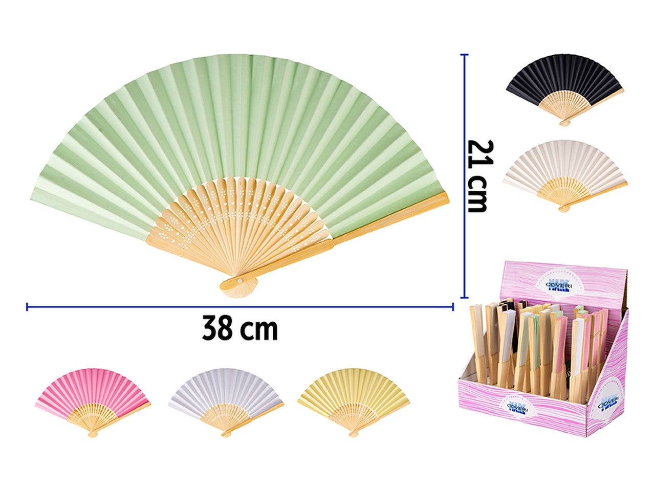 Ventaglio in bamboo + carta 21cm in 6 colori assortiti