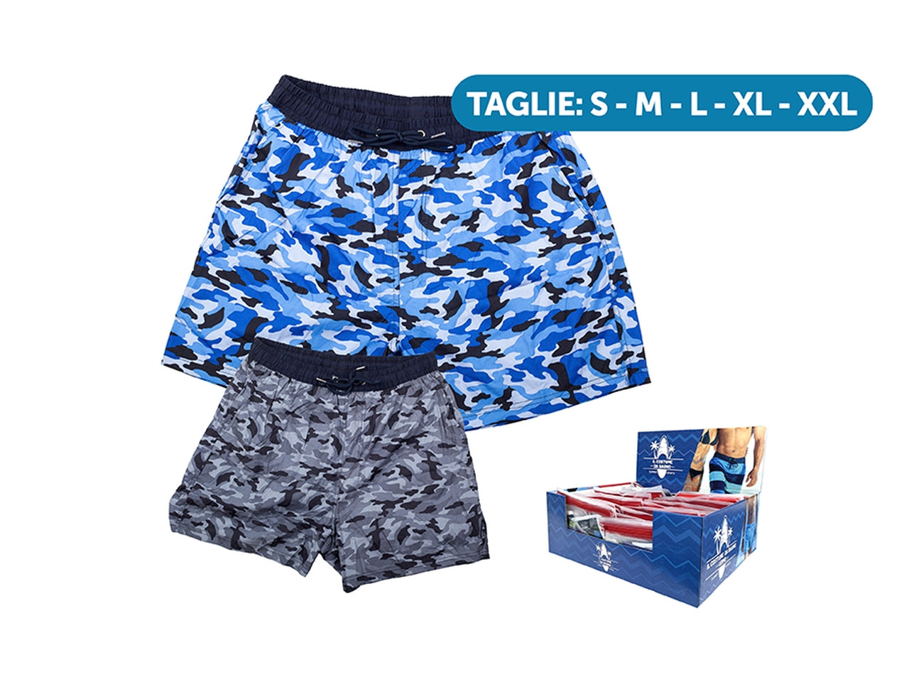 Costume da bagno uomo camouflage con coulisse in vita nero e blu, taglie assortite - Amytis