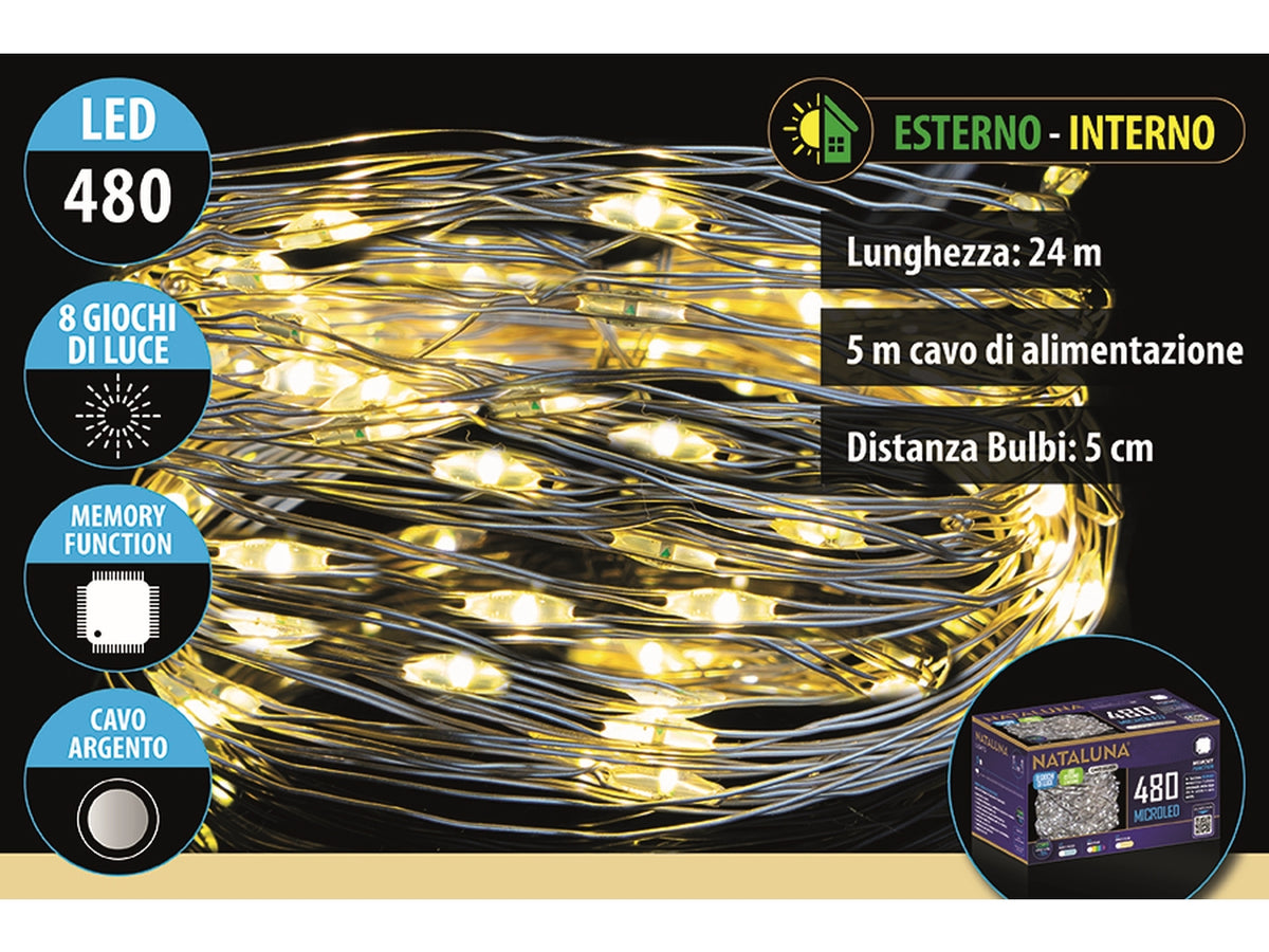 Catena lineare da 480 microled bianco caldo, 24mt+5mt per uso interno/esterno con 8 funzioni cavo argento