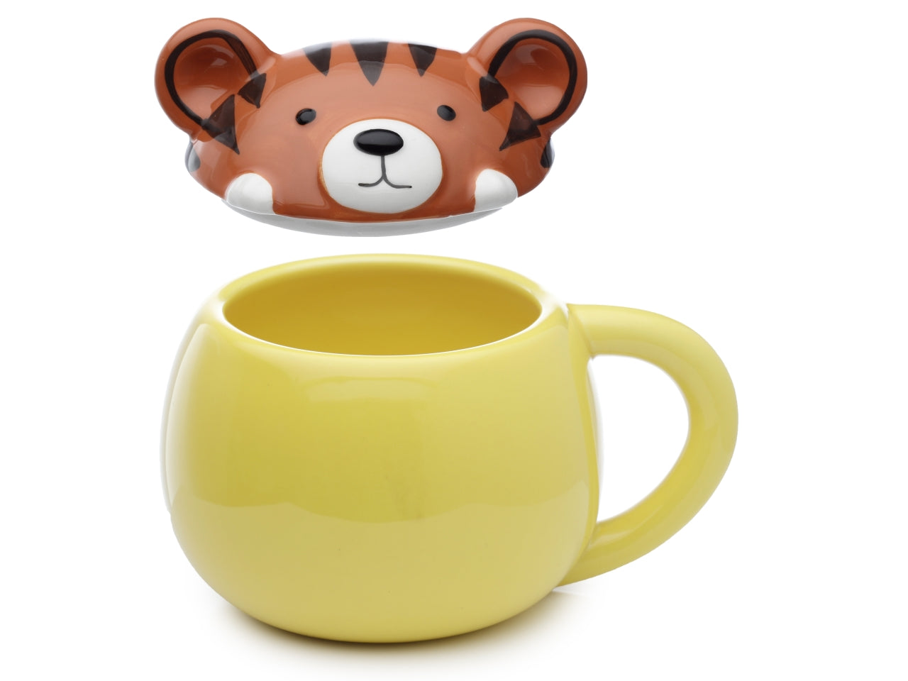 Tazza mug in ceramica con coperchio a forma di testa di tigre gialla marrone - Peek a Boo Mug