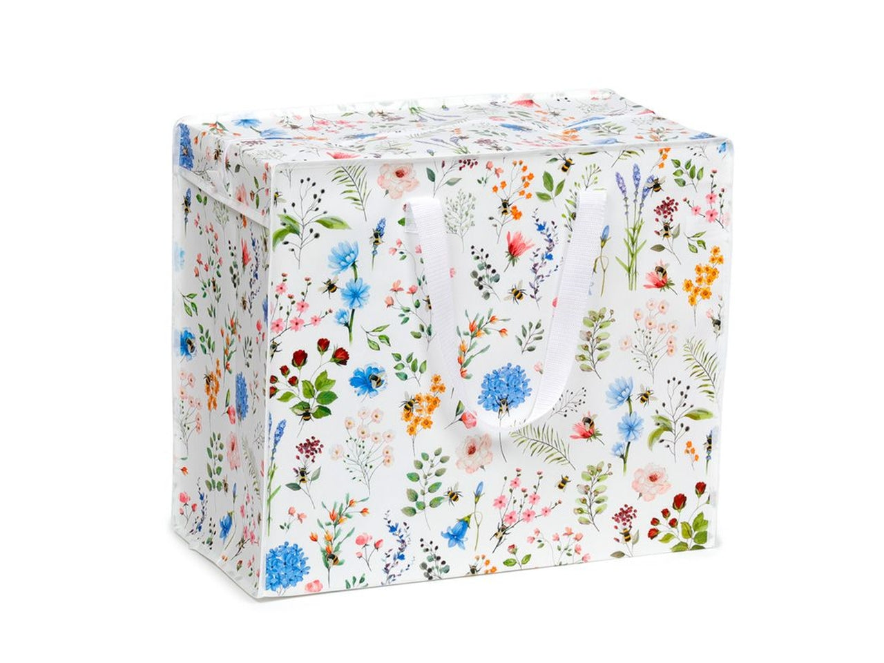 Sacca per il bucato con zip in polipropilene bianco floreale 48x55x28 cm - Puckator