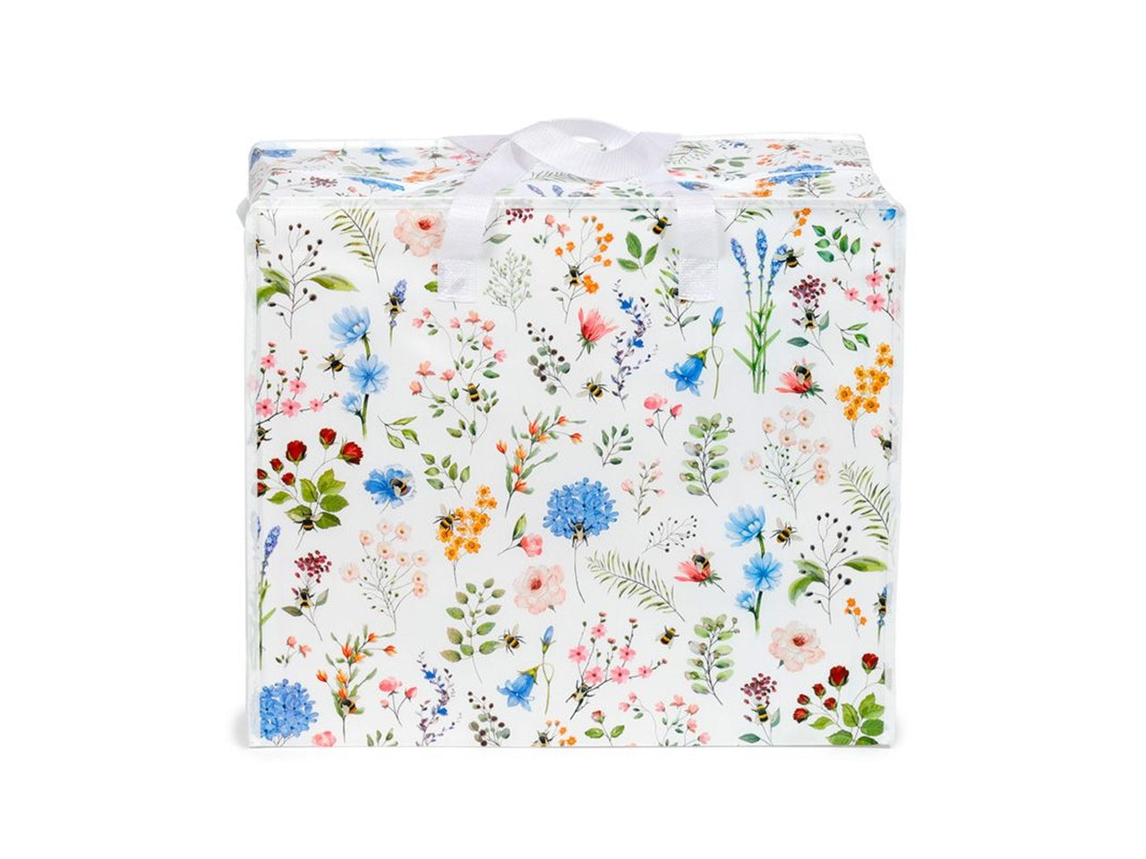Sacca per il bucato con zip in polipropilene bianco floreale 48x55x28 cm - Puckator