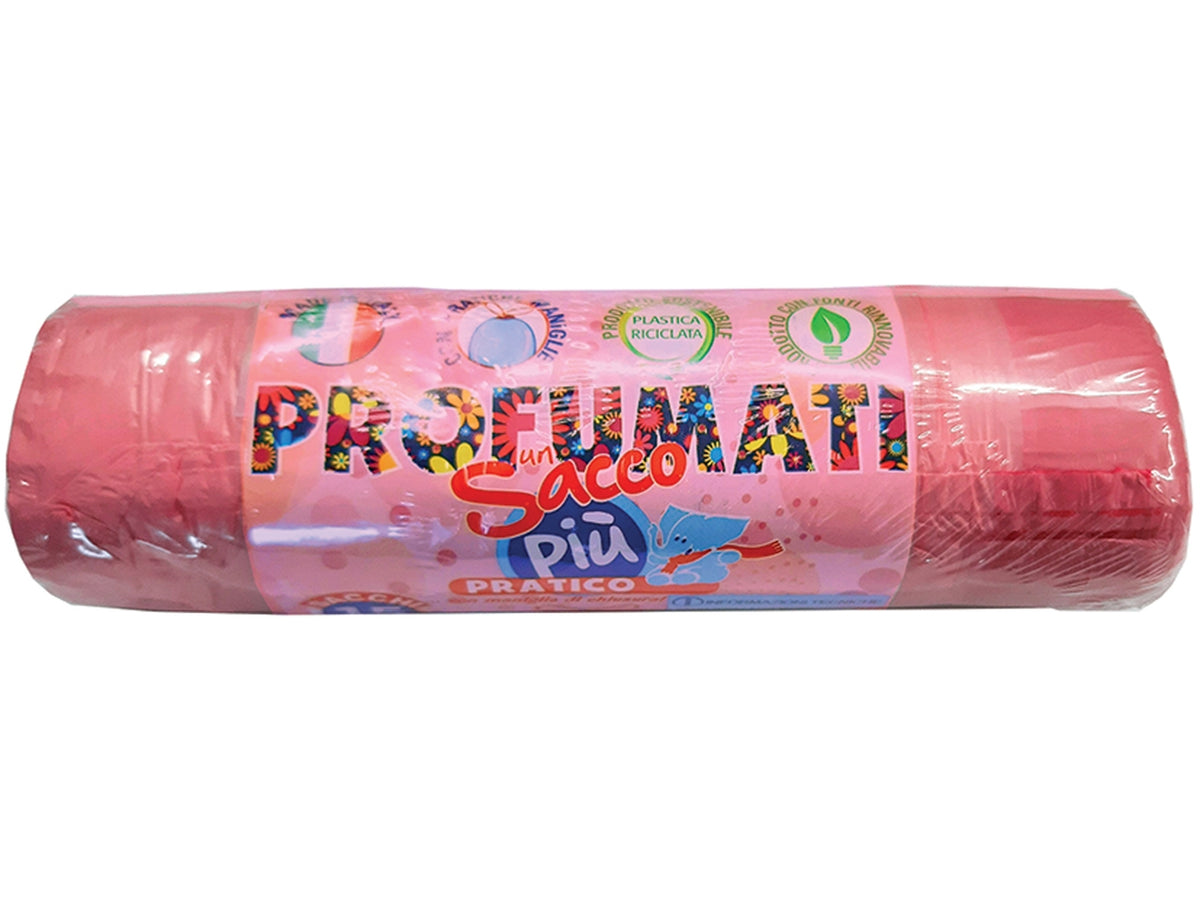Rotolo compatto 15 sacchi con maniglie 55x65cm in mdpe rosa