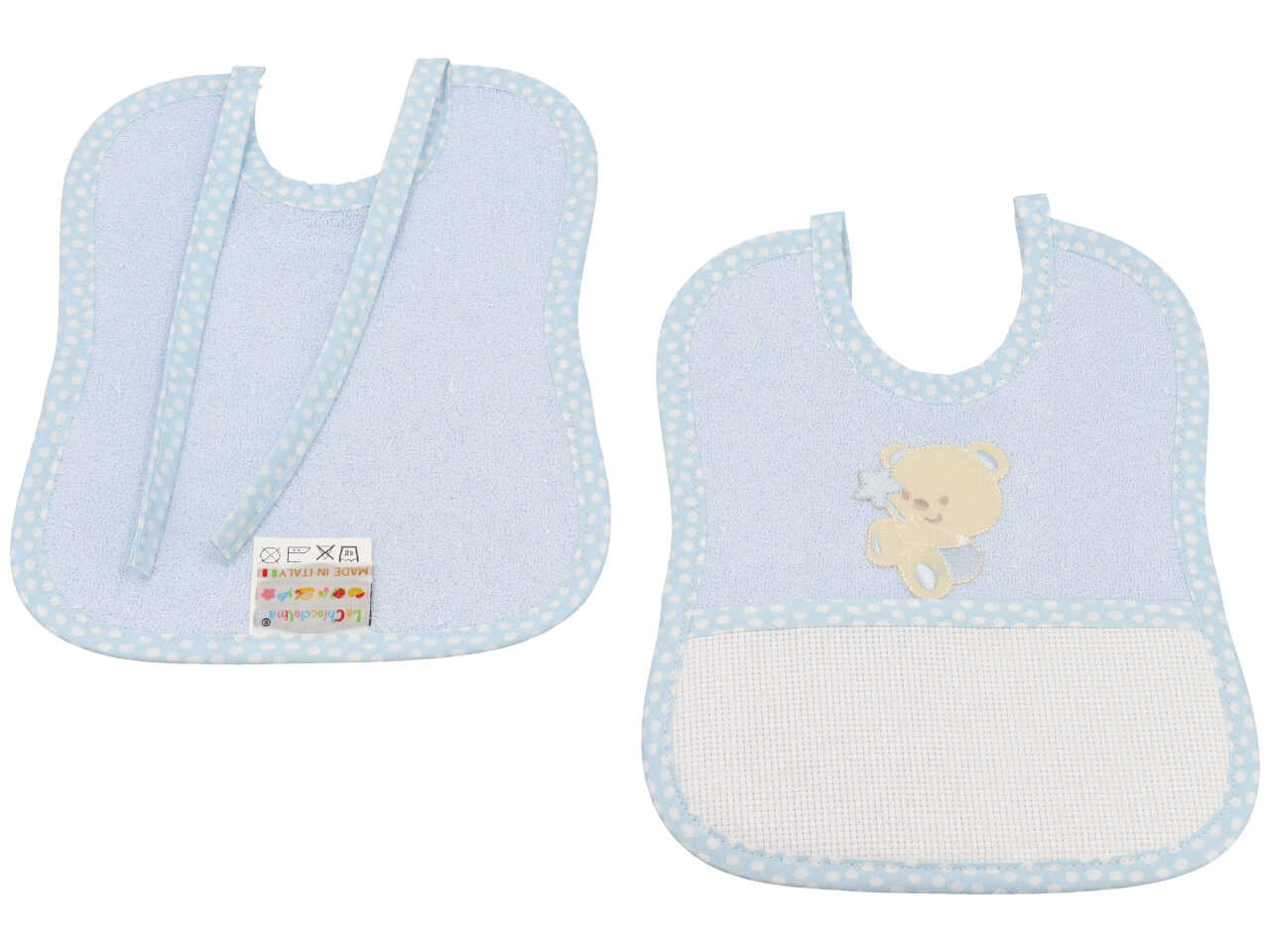 Bavetta bimbo in spugna celeste in cotone con tela aida per ricamo, 18x24 cm - La Chiocciolina