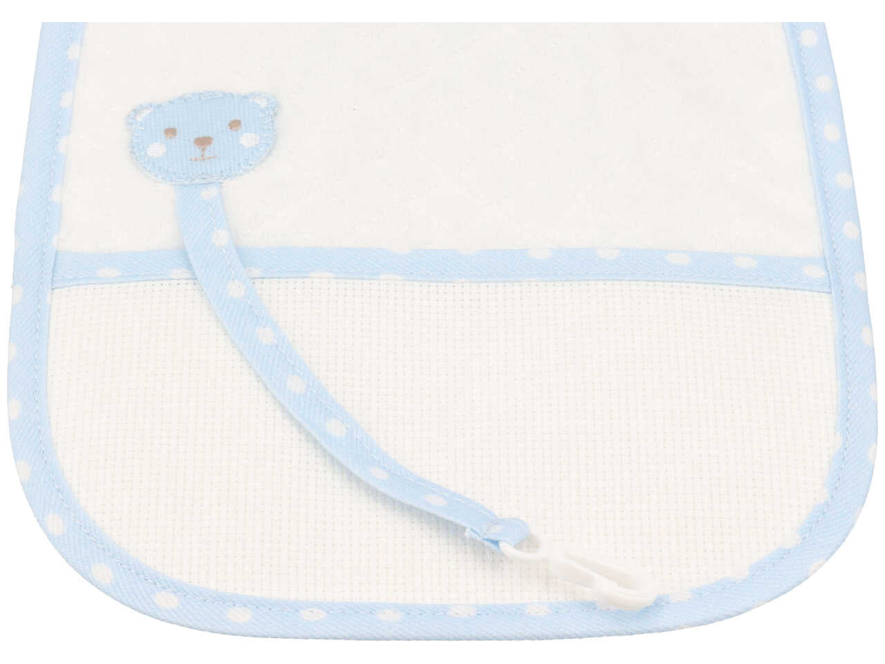 Bavetta per bambino con porta ciuccio in cotone bianco e azzurro con gancio portaciuccio e inserto in tela aida per ricamo 19x22 cm - La chiocciolina
