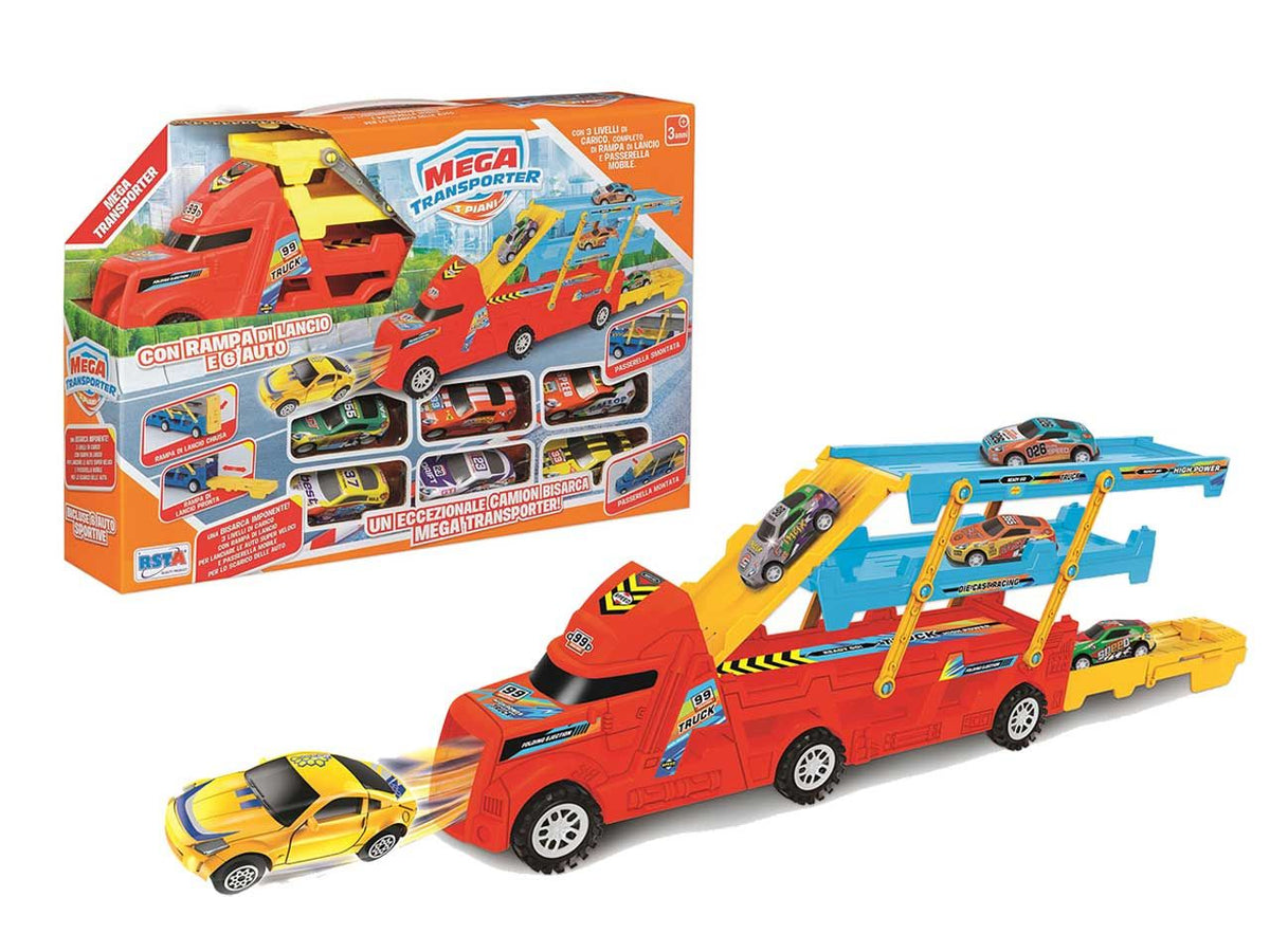 Camion mega transporter con 6 auto in metallo