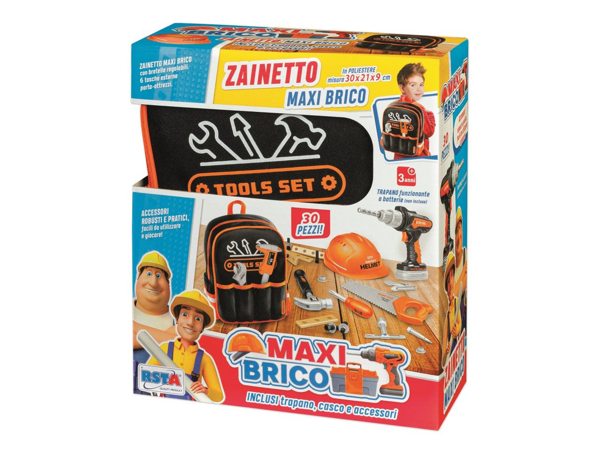 Zainetto maxi brico - la confezione contiene 30 oggetti con casco e trapano a batteria